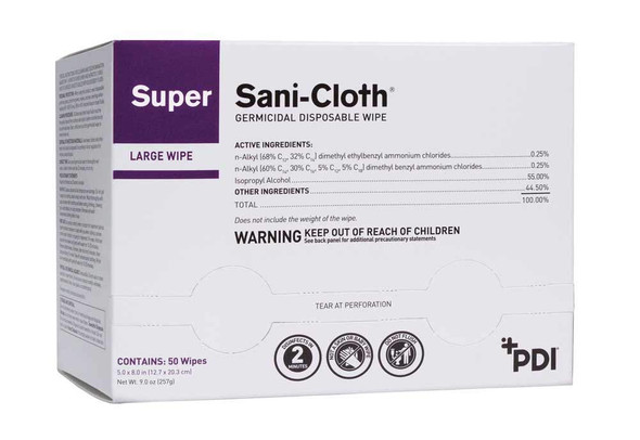 Super Sani-Cloth Plus Germicidal Disposable Wipes, Large 5"X8", 50 Individually Wrapped