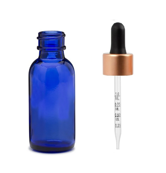 1 oz Cobalt Blue Glass Bottle w/ Black - Rose Gold Calibrated Glass Dropper