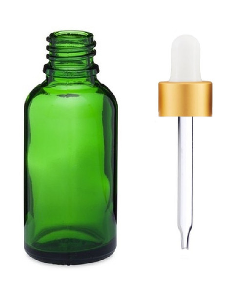 1 oz Green Euro Glass Bottle w/ 18-415 White- Matt Gold Dropper