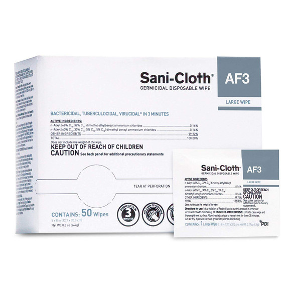 PDI H59200 Sani-Cloth AF3 Wipes, Large Individual Packets, Pack, 50, Wipes, 5" x 8", Individual Packets