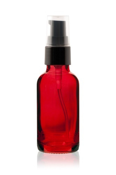 1 Oz Red Glass Bottle w/ Black  Smooth Treatment Pump