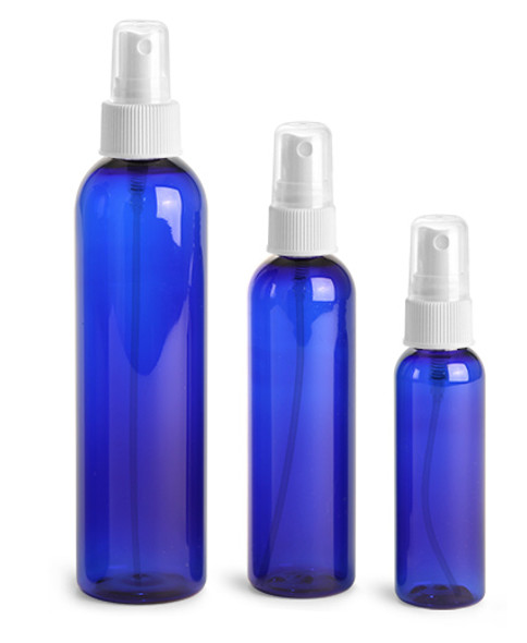 8 oz Cobalt BLUE PET Cosmo Bullet Plastic Bottle w/ Black Fine Mist Sprayer Set of 48