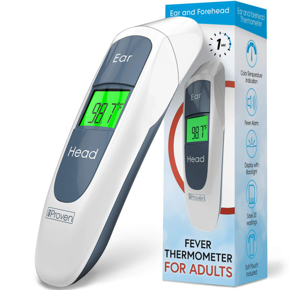 iProven Adult Medical Thermometer - Digital Thermometer for Fever - Temperature Measurements via Forehead and Ear - Pouch, Batteries, and Quick Start Guide Included - Temporal Thermometer DMT-316