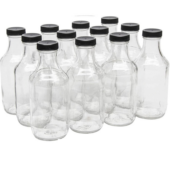 16 oz Clear Glass Stout Bottles w/ White Metal Caps