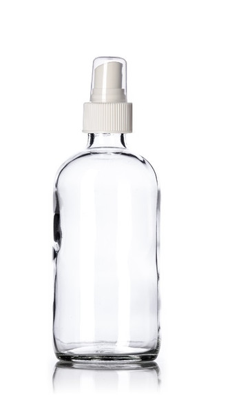 8 oz clear glass boston round bottle with 24-400 neck finish with White Fine Mist Sprayer- Set of 72
