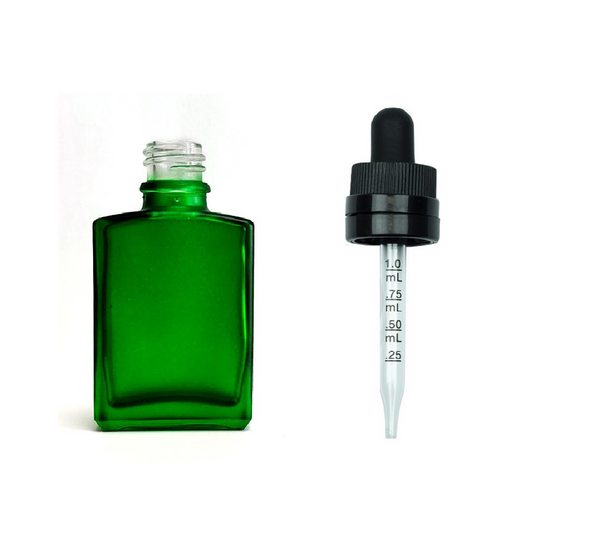 1 oz Green SQUARE Glass Bottle w/ 18-415 Black Tamper Evident CRC Calibrated Dropper