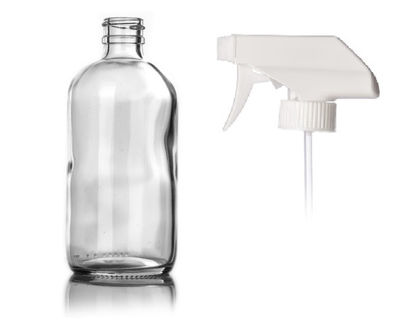 8 oz CLEAR glass bottle with 28-400 neck finish w/ White Trigger Sprayer