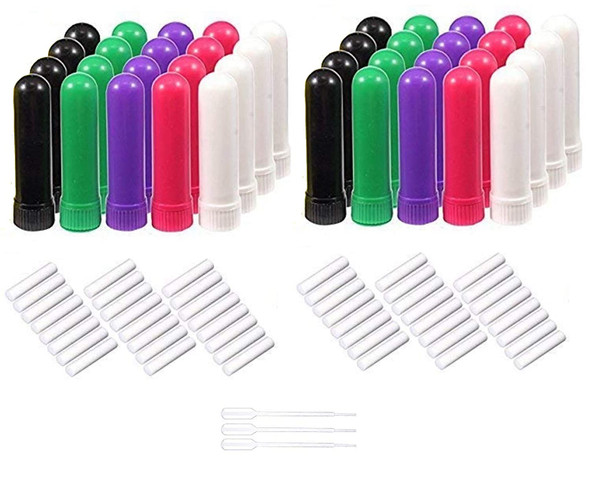 50 Pcs, Multi-Color Essential Oil Aromatherapy Blank Nasal Inhaler Tubes(Including 50 unscented Wicks +3 Polyethylene Pipette Droppers) 5 Different Colors