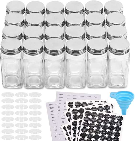 AISIPRIN 24 Pcs Glass Spice Jars with 398 Labels, 4oz Empty Square  Containers Seasoning Bottles - Shaker Lids, Funnel, Brush and Marker  Included(Black