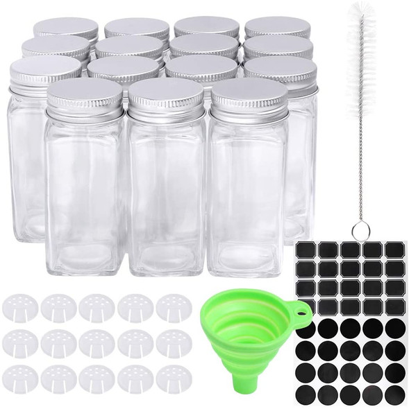15 Pack 4oz Glass Spice Jars Bottles, Square Spice Containers with Silver Metal Caps and Pour/Sift Shaker Lid-40pcs Black Labels,1pcs Silicone Collapsible Funnel and 1pcs Brush Included