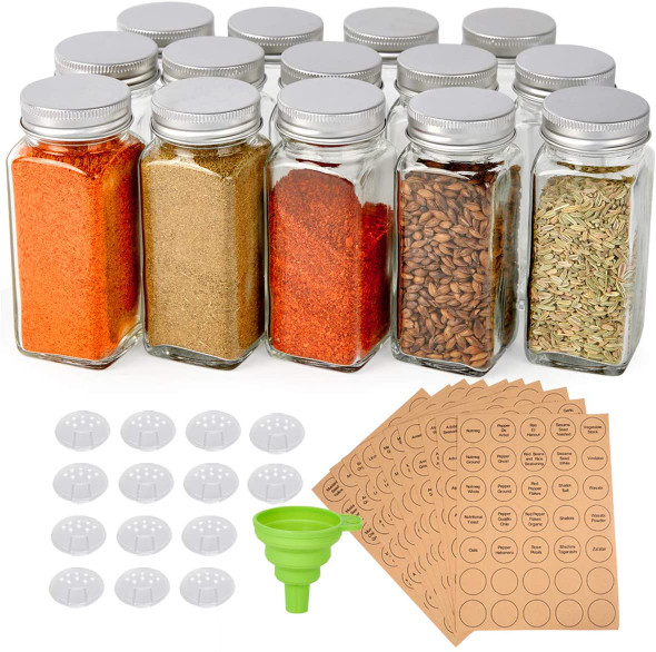 Talented Kitchen 24 Pack Glass Spice Bottles with 284 Preprinted Label Stickers, 4 oz Empty Square Seasoning Jars with Shaker Lids & Gold Caps