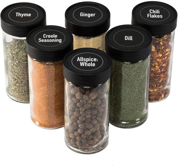 All Spice 4 Ounce Glass Spice Jars with Black Plastic Lids and 3 Styles of Shaker Tops- 6 Pack