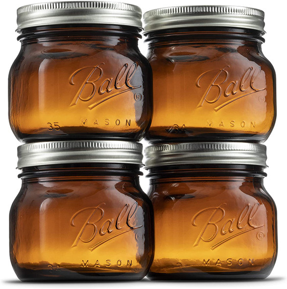 Ball Amber Glass Wide Mouth Mason Jars (16 oz/Pint) With Airtight lids and Bands [4 Pack] Amber Canning Jars - Microwave & Dishwasher Safe. Bundled With Jar Opener