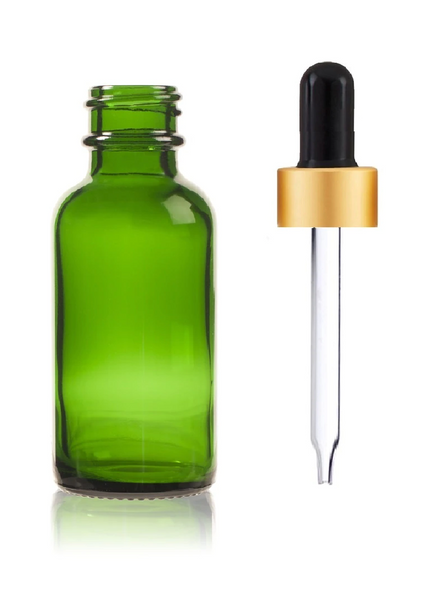 1 Oz Green Glass Bottle w/ Black-Matt Gold Regular Glass Dropper