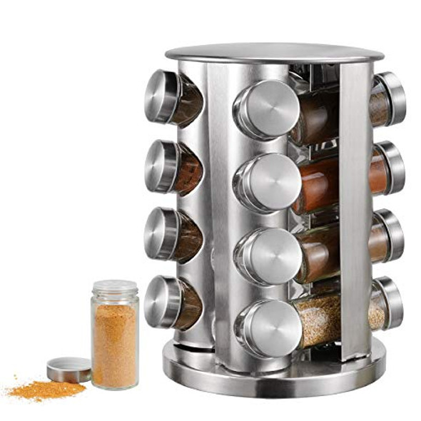 Spice Rack, kitchen rack with 16 Set of Spice Jars, Round Stainless Steel Spice Rack, Revolving Countertop Spice Rack tower