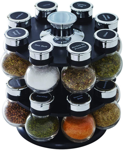 16 Jar Ellington Revolving Countertop Spice Rack with Lift & Pour Caps and Spices Included, FREE Spice Refills for 5 Years: Black and Chrome