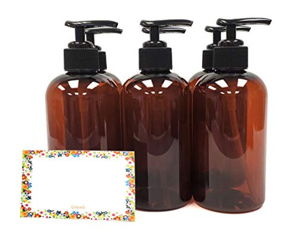 8 oz Amber Plastic Bottle with Black Lotion Pump, Pack of 6, BPA Free, Made in USA, 6 Labels, Perfect for Shampoo, Conditioner, Bath Gels, Lotions and more