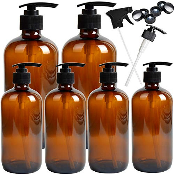 6 Pack Empty Amber Glass Pump Bottles, 2 Pack 16 Ounce and 4 Pack 8 Ounce Pump Bottles, Soap Dispenser, Refillable Containers