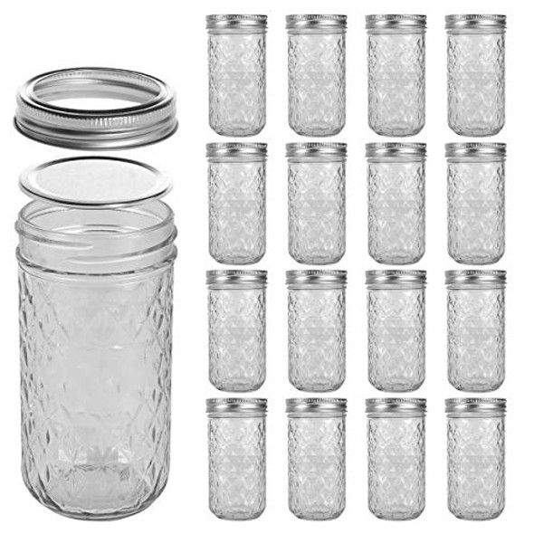 Mason Jars 12 oz 16 PACK Mini Canning Jars with Silver Lids and Bands