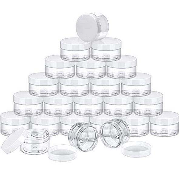 24 Pieces Clear Plastic Round Storage Jars Wide-Mouth Plastic Containers Jars with Lids for Storage Liquid and Solid Products (White Lid, 4 oz)