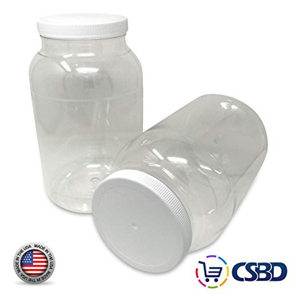 1 Gallon Clear Plastic Jars With Ribbed Liner Screw On Lids, BPA Free, PET Plastic, Made In USA, Bulk Storage Containers 2 Pack (1 Gallon)