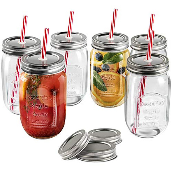 6 Pcs 16oZ Mason Drinking Jars with Lids 100% Recycled Glass Bottles and Drinking Straws with 3 Extra Free Sealing Lid