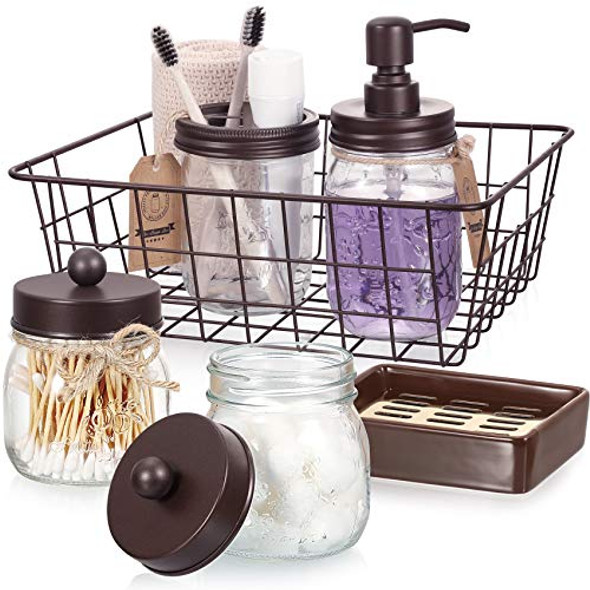 Mason Jar Bathroom Accessories Set 6 Pcs - Mason Jar Soap Dispenser & 2 Apothecary Jars & Toothbrush Holder & Ceramic Drain Soap Dish & Wire Basket