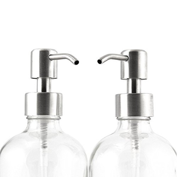 16-Ounce Clear Glass Boston Round Bottles w/Stainless Steel Pumps (2 Pack), Soap Dispenser Great for Essential Oils, Lotions, Liquid Soaps