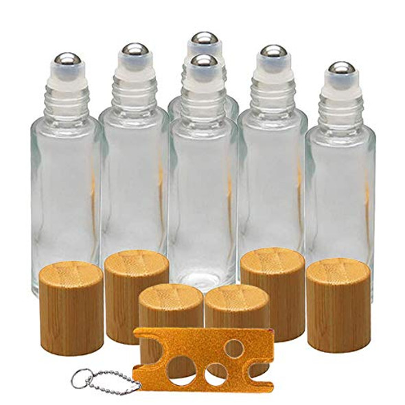 6Pcs 10ml Glass Roll On Bottle with Bamboo Lid for Essential Oils, Creatiee Eco-friendly Refillable Clear Perfume Sample Bottles with Stainless Steel Roller Ball - Portable & Practical