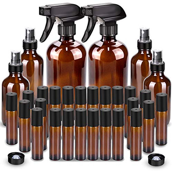 Glass Spray Bottle, Wedama Roller Bottles, Essential Oil Roller Bottles Kits (2 x 16oz,4 x 4oz,24 x 10ml) with Accessories for Aromatherapy Facial Hydration Watering Flowers Hair Care -Amber