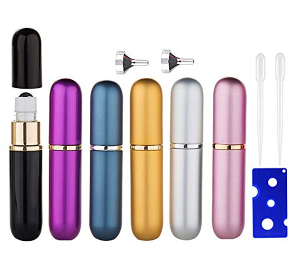 6 Colors,6 ML Aluminum Roll-on Bottles with Leakproof Stainless Steel Roller Balls-0.2ml Dropper and Silver Funnel Included