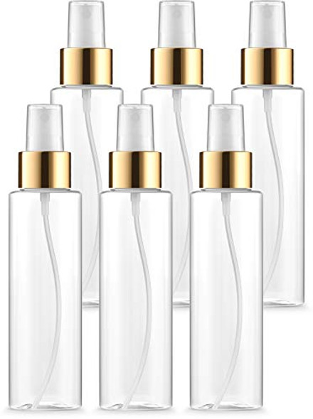 BAR5F Fine Misting Spray Bottles with Gold Trim, Dust Caps, 4 oz | Plastic, Clear, Refillable, BPA Free Atomizers | Fine Mist Spraying for DIY Beauty Products, Facial Sprays, Aromatherapy | Pack of 6