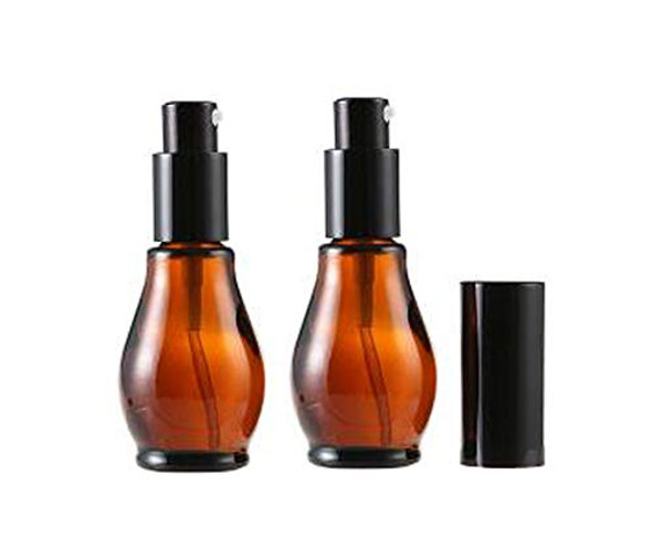 2Pcs Empty Refillable Cucurbit Shaped Amber Glass Lotion Pump Bottles Portable Cosmetic Makeup Cream Lotion Container Vial Jar Dispenser With Black Pump Head and Cap(30ml/1oz)