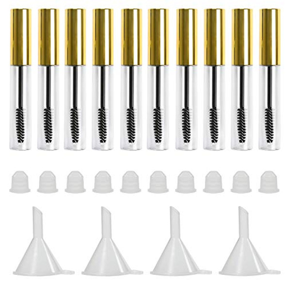 10Pcs 10ml Empty Mascara Tube and Wand, DIY Mascara Container with Cap, Eyelash Tubes Vials Bottle with Rubber Inserts and Funnels Kit for Castor Oil(Gold)