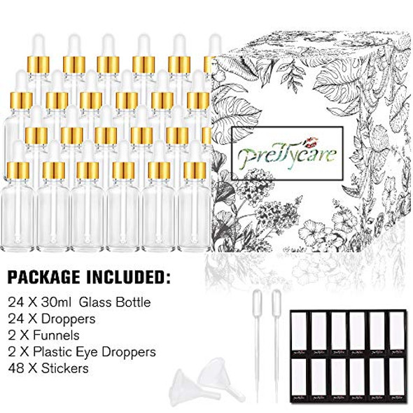 Eye Dropper Bottle 1 oz (24 Pack Clear Glass Bottles 30ml with Golden Caps, 2 Extra Measured Pipettes, 48 Labels, 2 Funnels ) Empty Tincture Bottles for Essential Oils, Perfume