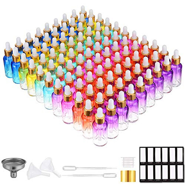 Eye Dropper Bottle 1 oz (99 Pack Rainbow Colored Glass Bottles 30ml with Golden Caps, Extra Plastic Measured Pipettes, Labels, Funnel) Empty Tincture Bottles for Essential Oils