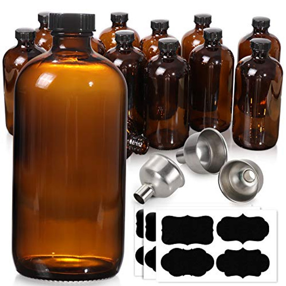 [ 12 Pack, 16 oz ] Glass Amber Bottles with Black Poly Cone Cap & 3 Stainless Steel Funnels & 12 Labels - 480ml Boston Round Sample Bottles, Brown Glass Apothecary Bottles