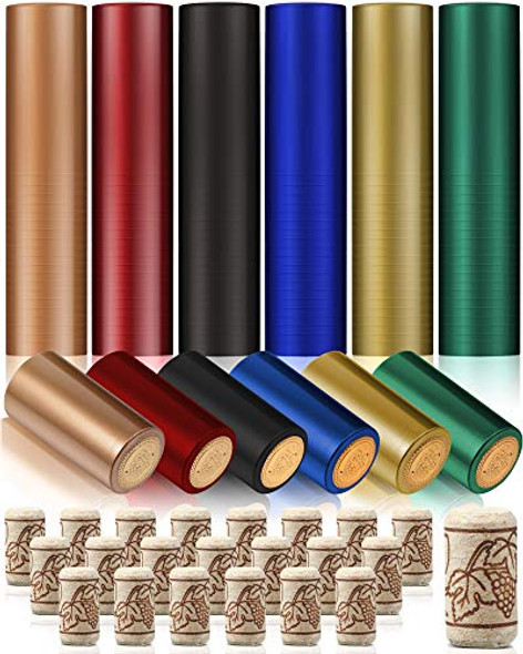 240 Pieces Wine Bottle Corks and Heat Shrink Capsules, 120 Pieces 6 Color Seals and 120 Pieces Natural Straight Corks, Wine Stoppers for Wine Bottles, Ornament Making, Arts and Crafts Making Projects