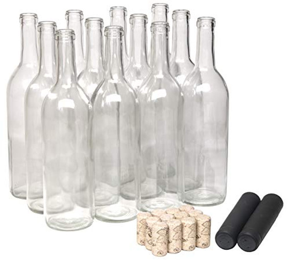 750ml Glass Bordeaux Wine Bottle Flat-Bottomed Cork Finish - with #8 Premium Natural Corks & PVC Shrink Capsules - Case of 12