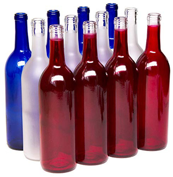 W5A-RWB 750ml Red White & Blue Assortment Glass Bordeaux Wine Bottle Flat-Bottomed Cork Finish - Case of 12