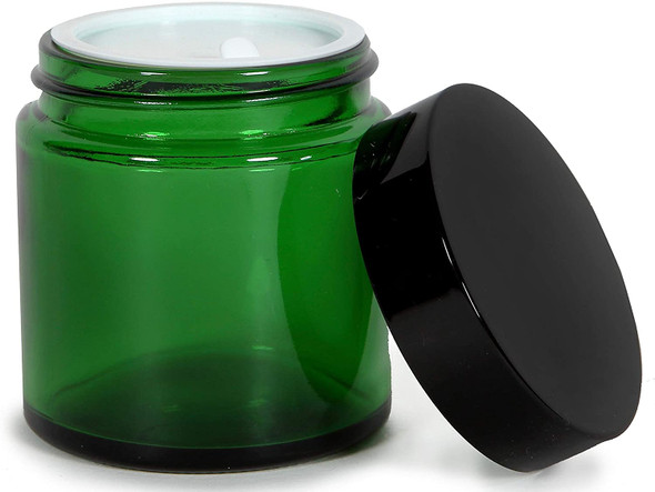 12 Pack, Green, 4 oz, Round Glass Straight Sided Jars, with Inner Liners and black Lids