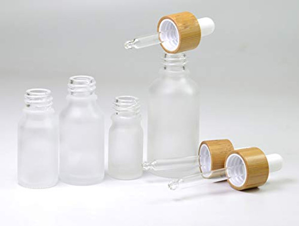 4 Pack Frosted Glass Dropper Bottles,Essential Oil Bottles With Eye Dropper And Bamboo Lids Perfume Sample Vials Essence Liquid Cosmetic Containers (10ml/0.3oz)