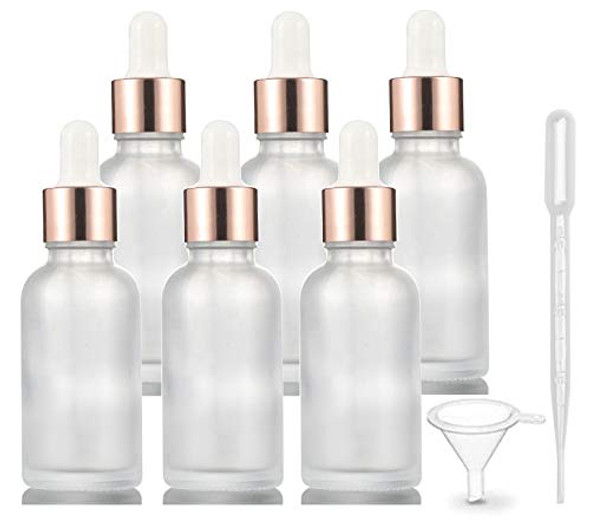 6 Pack,Frosted Glass Essential Oil Dropper Bottle,Empty Glass Liquid Container Holder With Glass Eye Dropper,Rose-Golden Caps Travel Perfume Cosmetic Container-Pipette&Funnel included (30ml/1 Ounce)