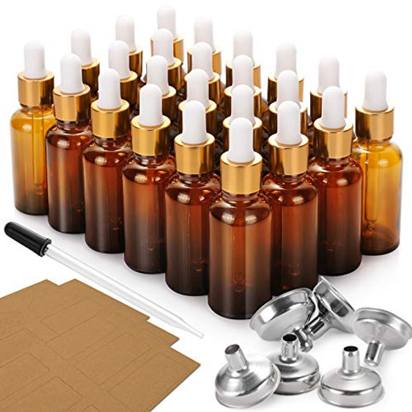 24 Pcs, 1 oz Dropper Bottles (30ml) with 6 Funnels & 1 Long Dropper - Amber Glass Bottles for Essential Oils with Eye Droppers - Tincture Bottles, Leak Proof Travel Bottles for Liquids, Golden Cap