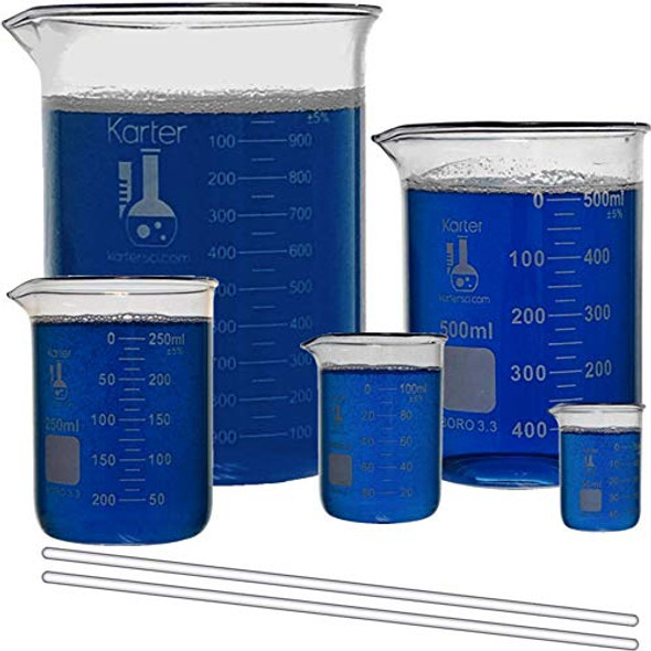 Glass Low Form Beaker Set with 2 Glass Stirring Rods, 5 Sizes - 50, 100, 250, 500, and 1L, 3.3 Borosilicate Glass, Karter Scientific 213A9