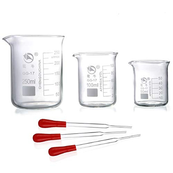 Young4us Glass Beakers, Pack of 6 Low Form Glass Measuring & Glass Droppers Set, 3 Graduated Griffin Beakers in 3 Sizes with Scales, 250ml, 100ml, 50ml, 3 Glass Droppers Without Scales (3ml per Drop)