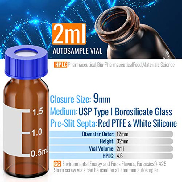 Autosampler Vials 2ml HPLC Vials 9-425 Amber Vials Lab Vials with Write-on Spot and Graduations,9mm Blue ABS Screw Sealed Cap with Red PTFE