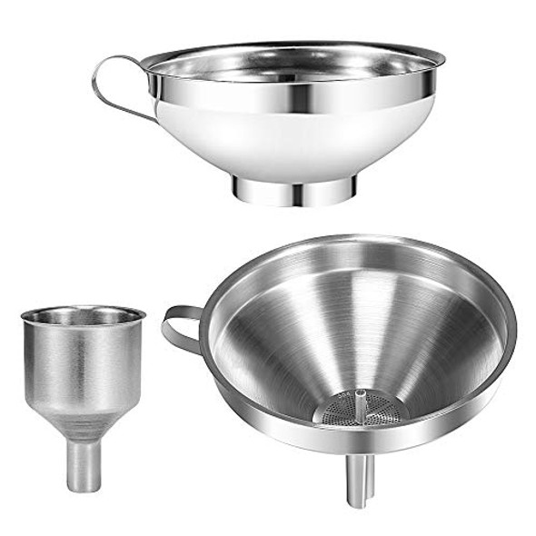 3 Pack Funnel, Stainless Steel Kitchen Funnels with Removable Strainer, Canning Funnel for Mason Jar, Mini Funnel for Filling Wine Bottles, for transferring Spices Liquid Powder Bean Jam