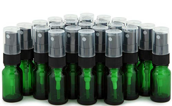 24, Green, 10 ml (1/3 oz) Glass Bottles, with Black Fine Mist Sprayer's