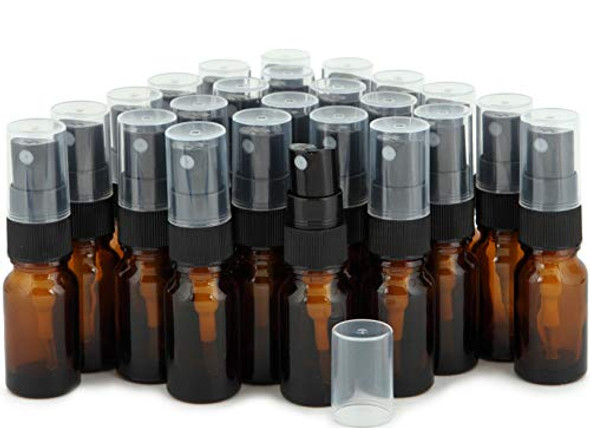 24, Amber, 10 ml (1/3 oz) Glass Bottles, with Black Fine Mist Sprayer